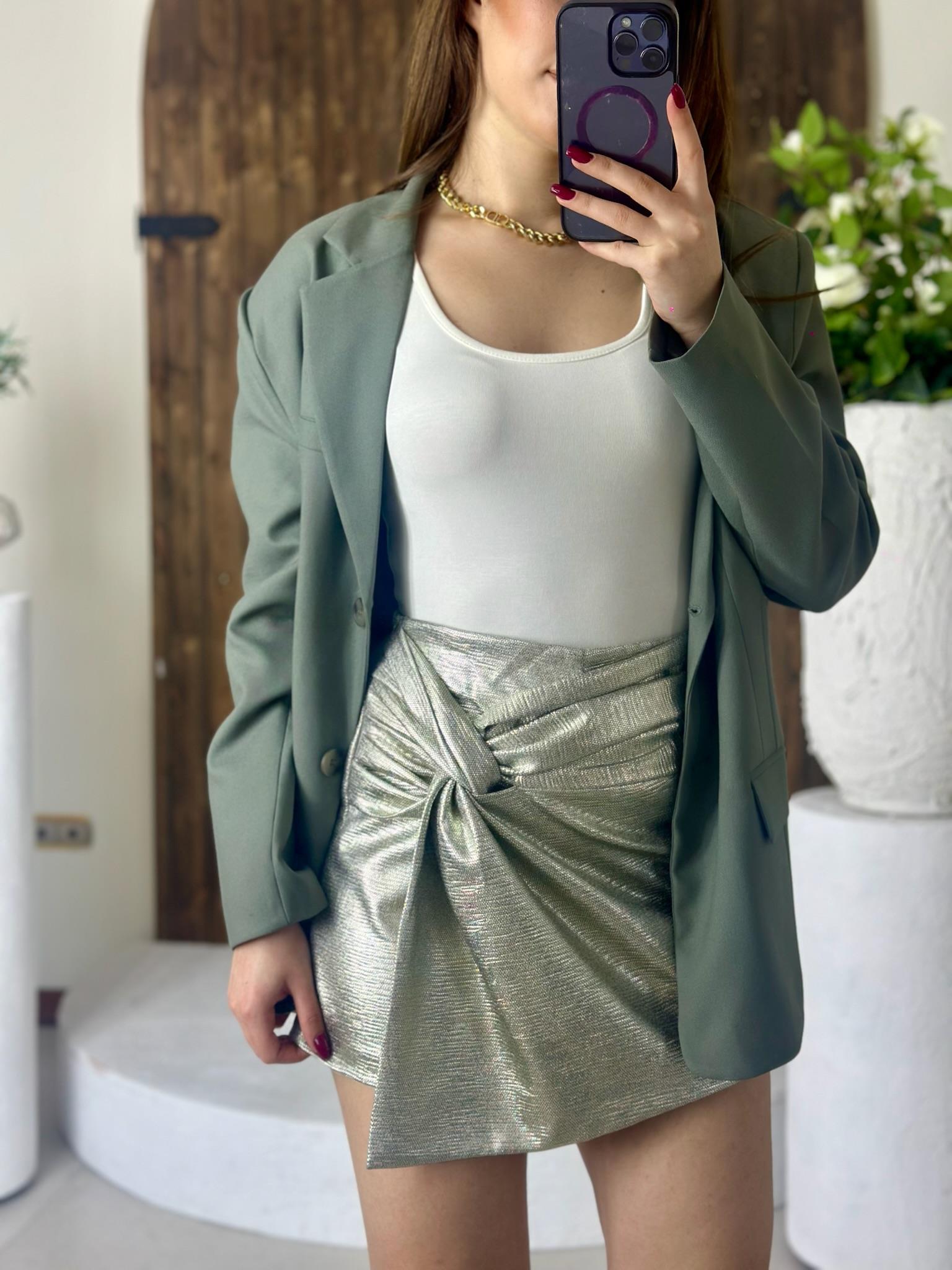 Lame Parlak Kumaş Boğum Detaylı Gold Şort Etek