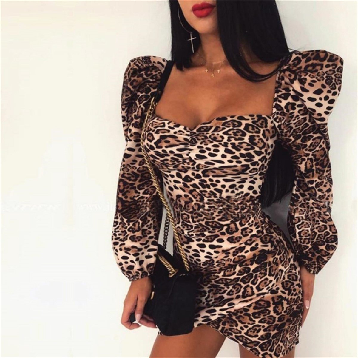 LEOPAR DESEN BALON KOL ATLAS KUMAŞ TASARIM ELBİSE