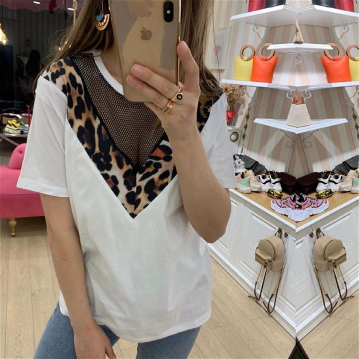 LEOPAR DESEN FİLE DETAY PENYE KUMAŞ TİŞÖRT