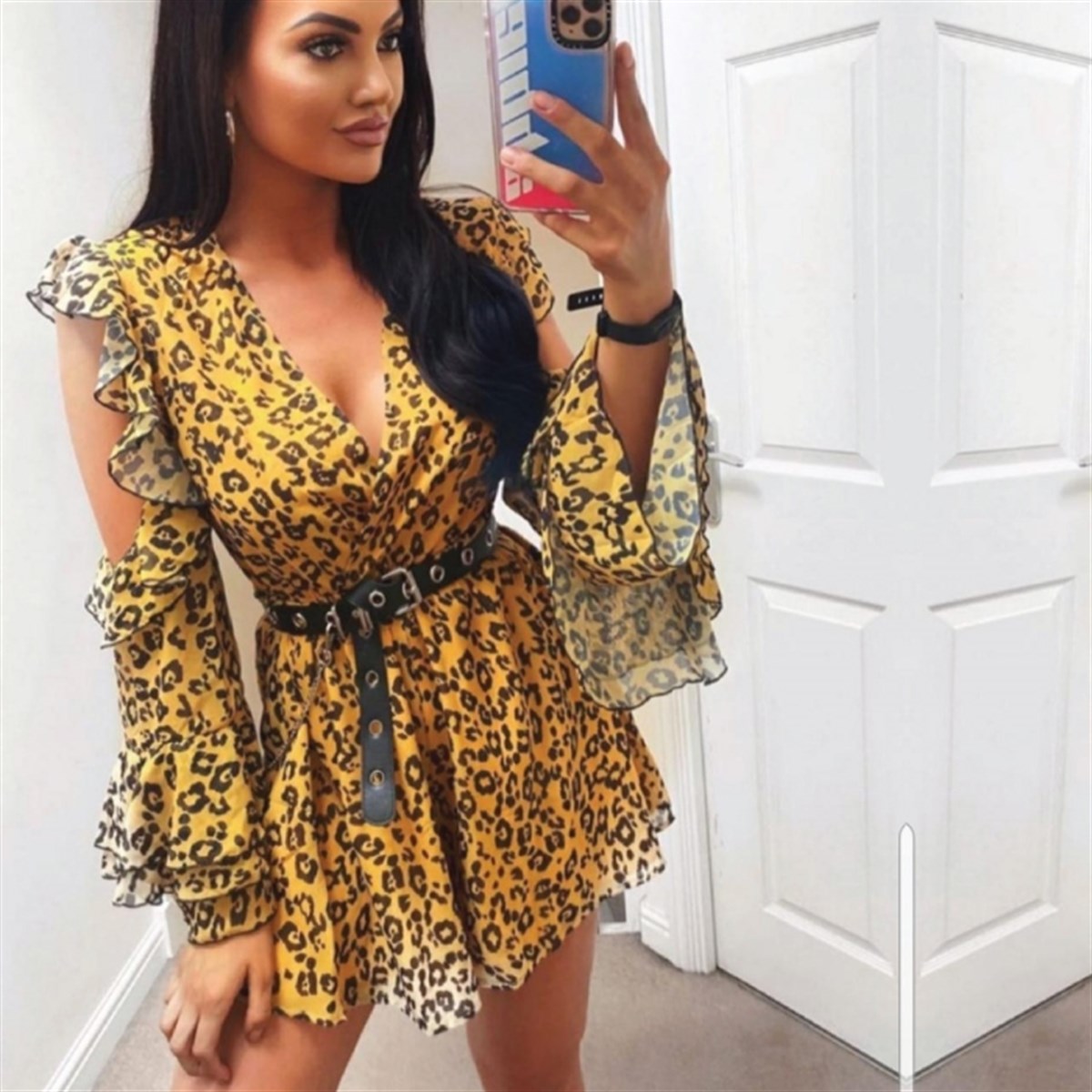 LEOPAR DESEN KEMER DAHİL ŞİFON ELBİSE
