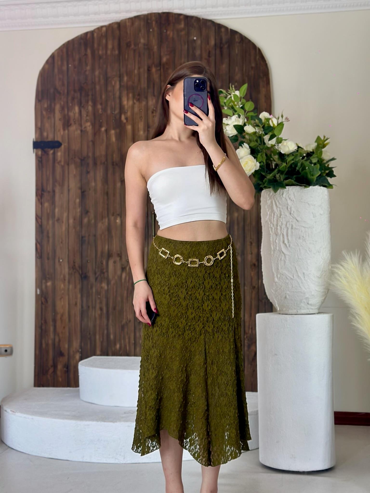 Likralı Dantel Asimetrik Midi Etek