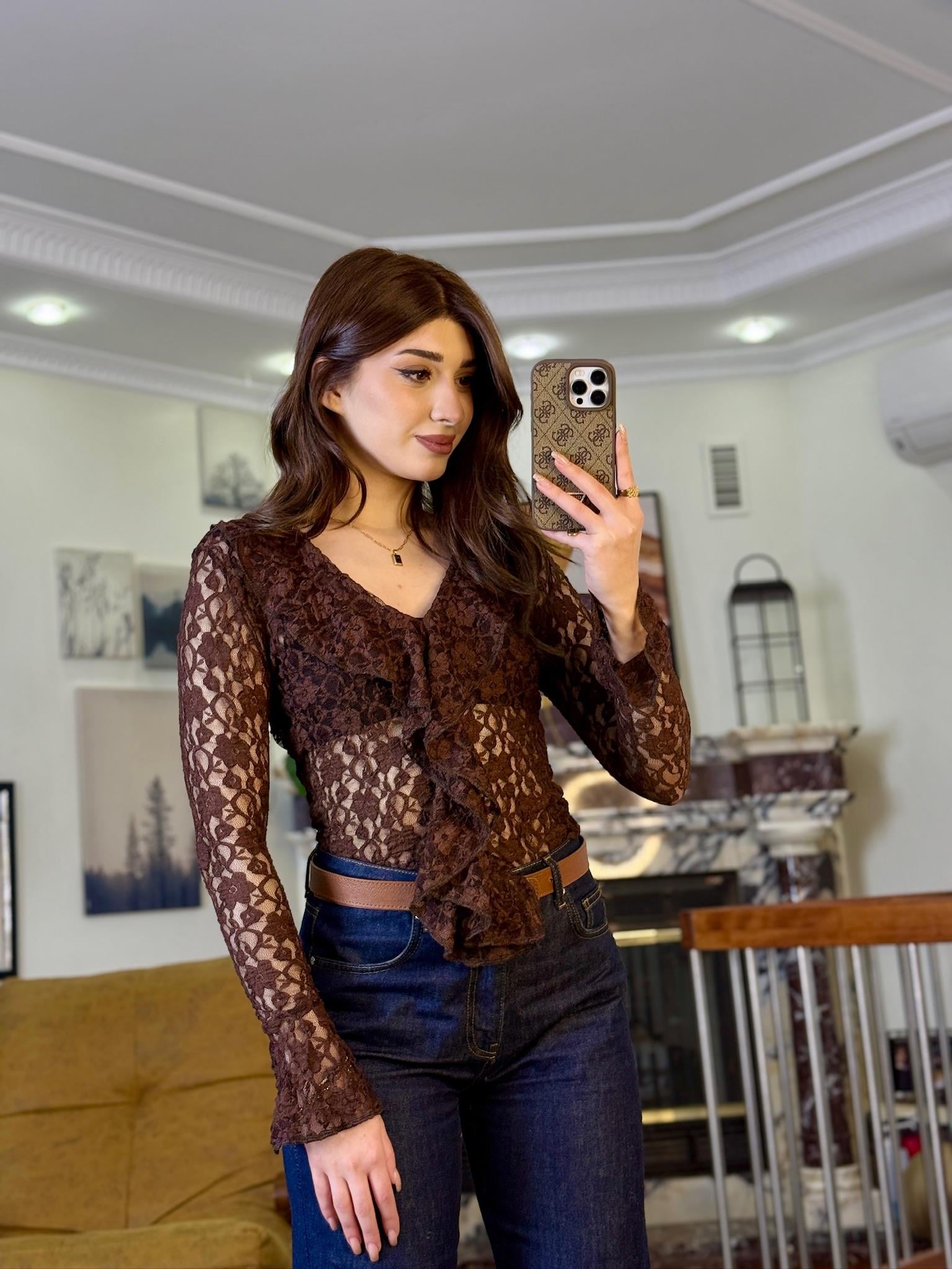 Likralı Dantel Kumaş Fırfırlı Bluz Kahverengi