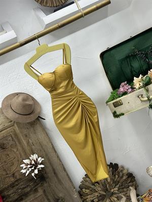 Likralı Gloplu Pu Deri Yırtmaçlı Elbise Gold