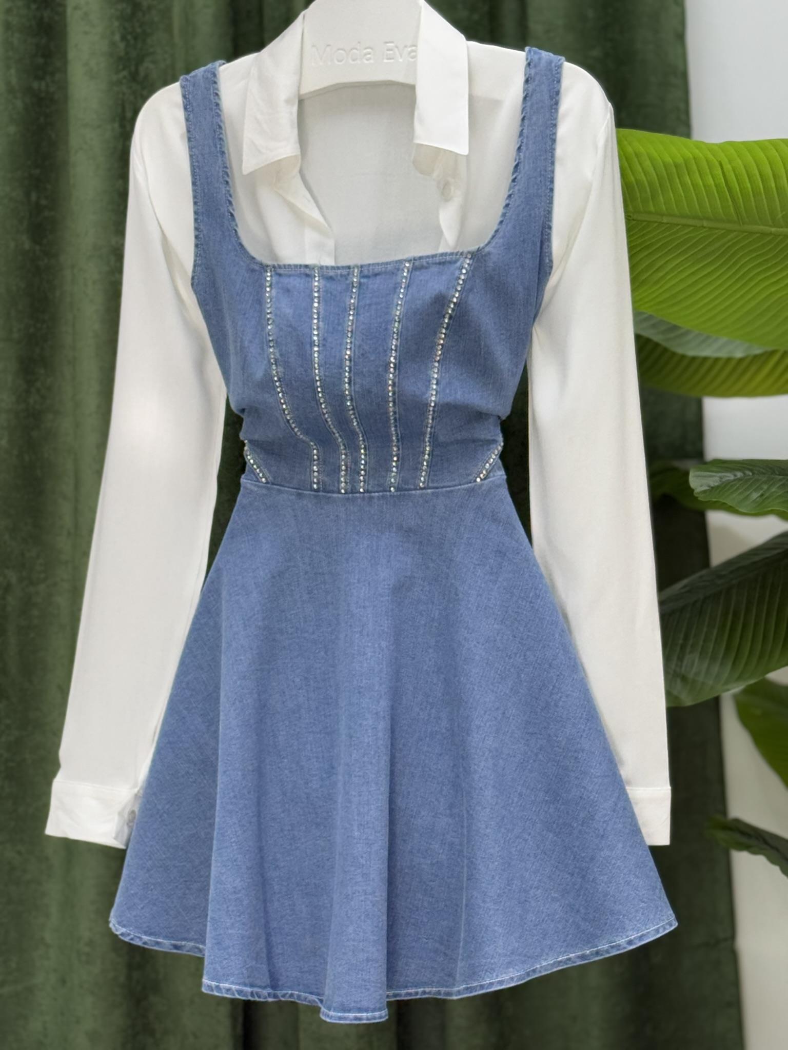 Likralı Jean Kumaş Taş Dizayn Kalın Askılı Kloş Elbise