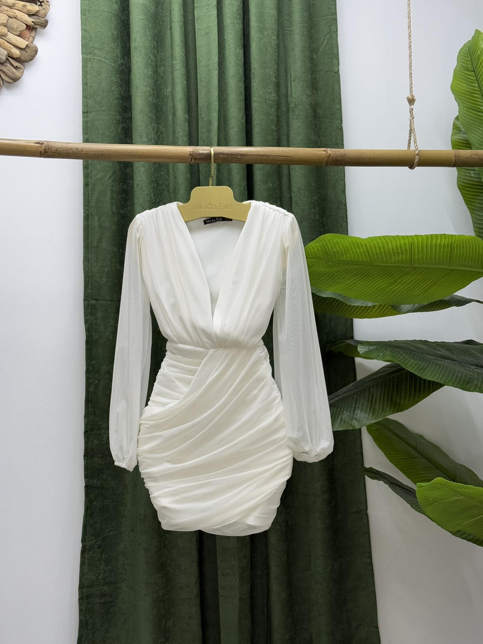 Likralı Kumaş Drapeli Derin V Yaka Tasarım Elbise Beyaz