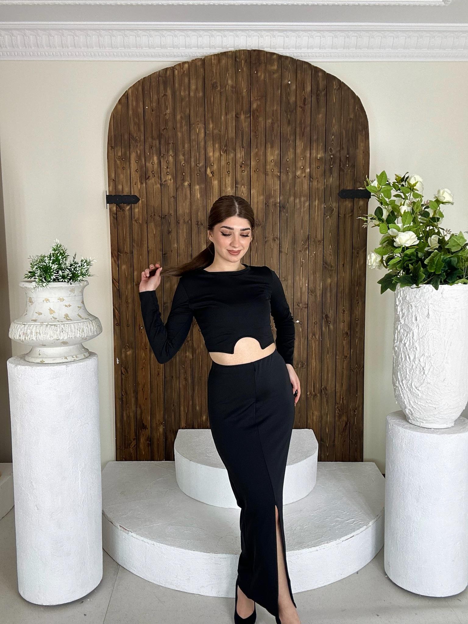 Likralı Micro Kumaş Crop Uzun Etek İkili Takım Siyah