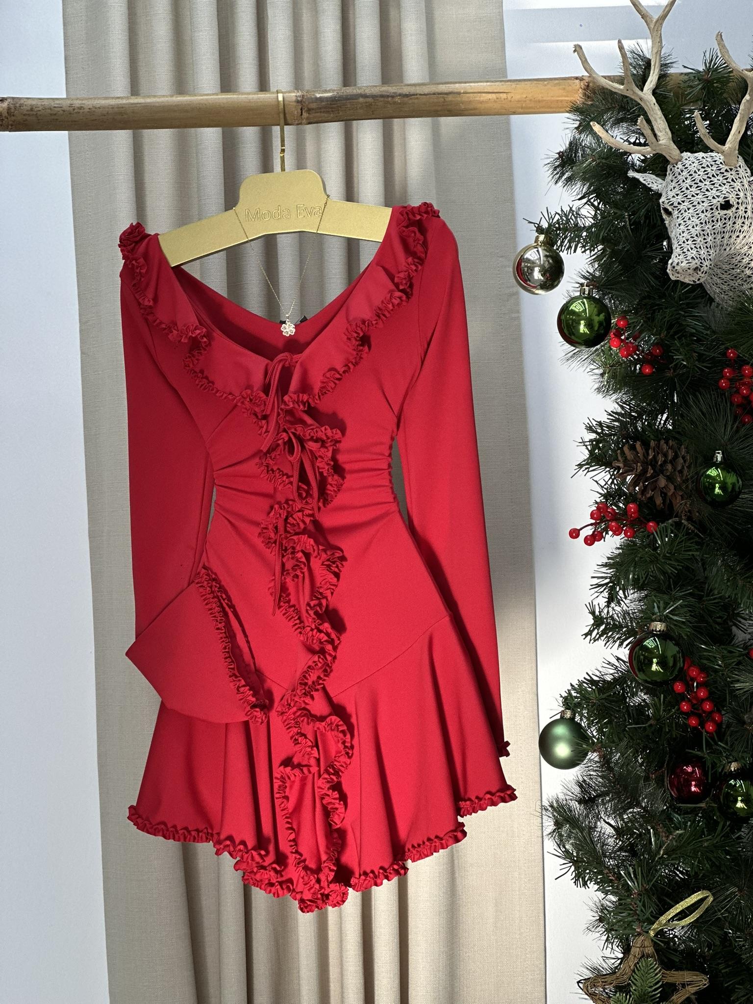 Likralı Micro Kumaş Volan Detaylı Tasarım Elbise Kırmızı