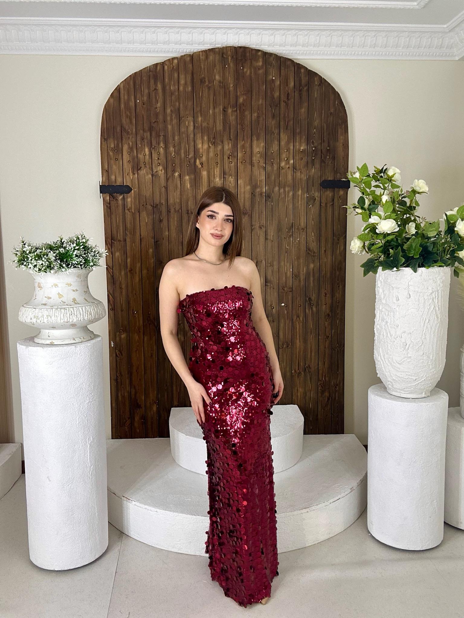 Likralı Pul Payet Kumaş Straplez Uzun Elbise Bordo