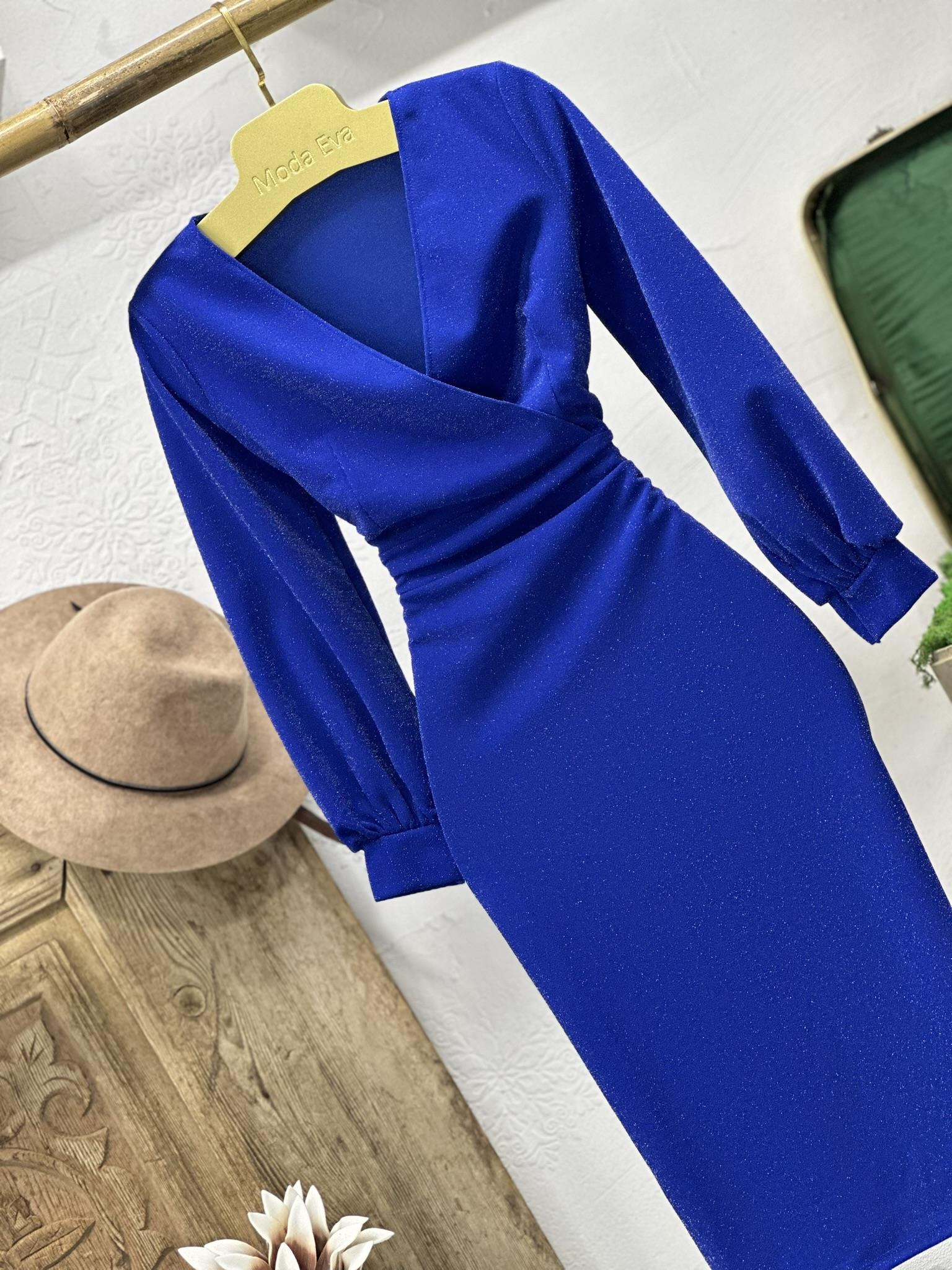 Likralı Simli Crep Dokuma Kumaş Kruvaze Yaka Manşet Kollu Kalem Saks  Elbise