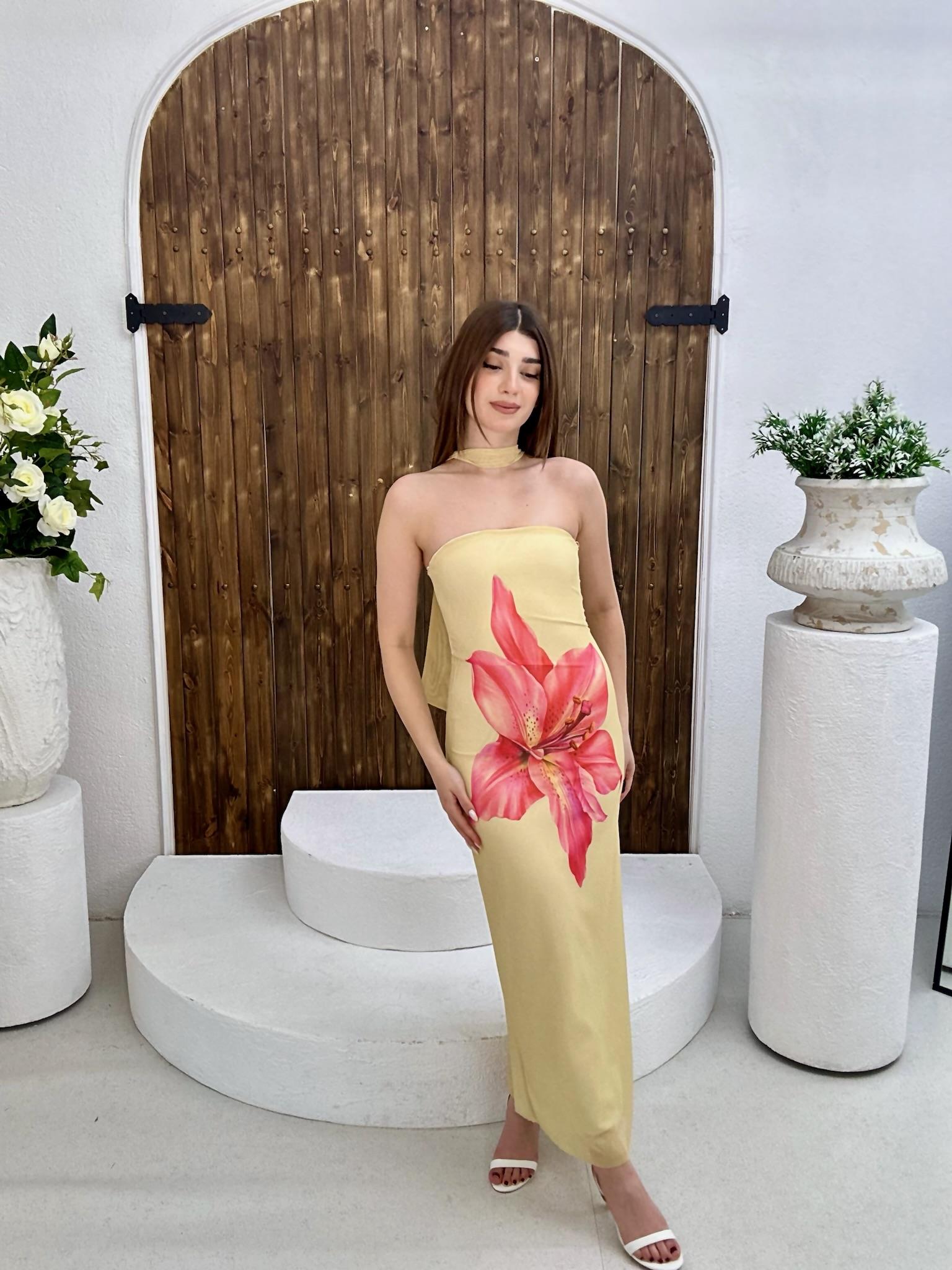 Likralı Tül Kumaş Çiçek Desen Şal Detay Tasarım Uzun Elbise