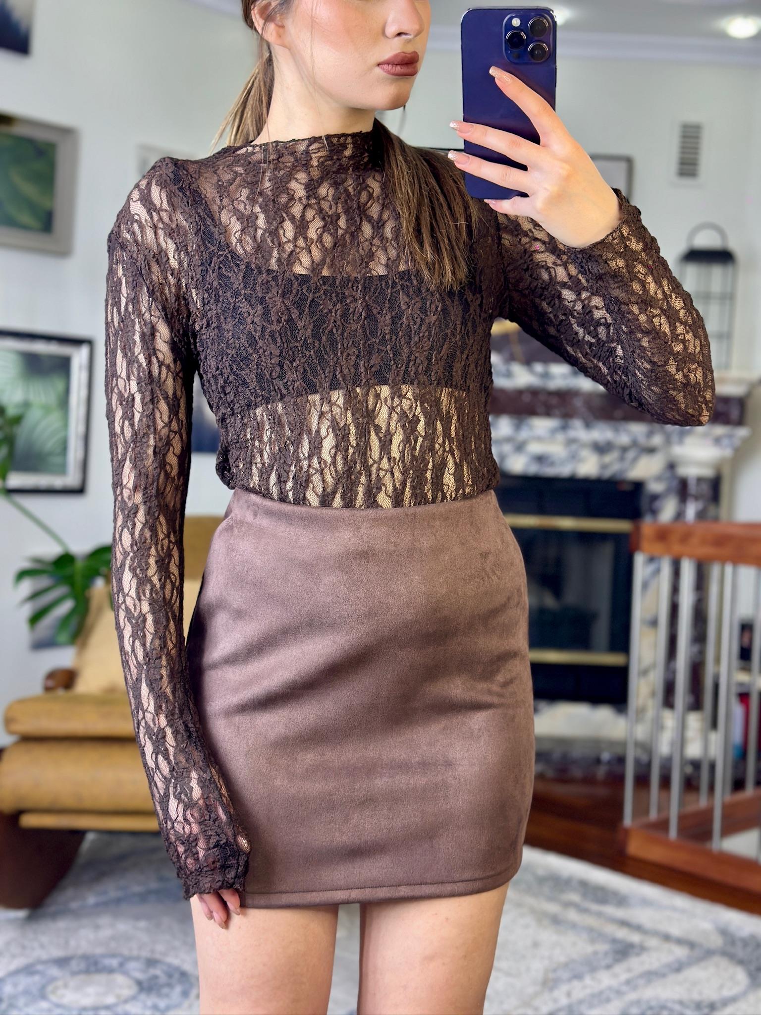 Likralı Tül Kumaş Dik Yaka Transparan Bluz Kahverengi