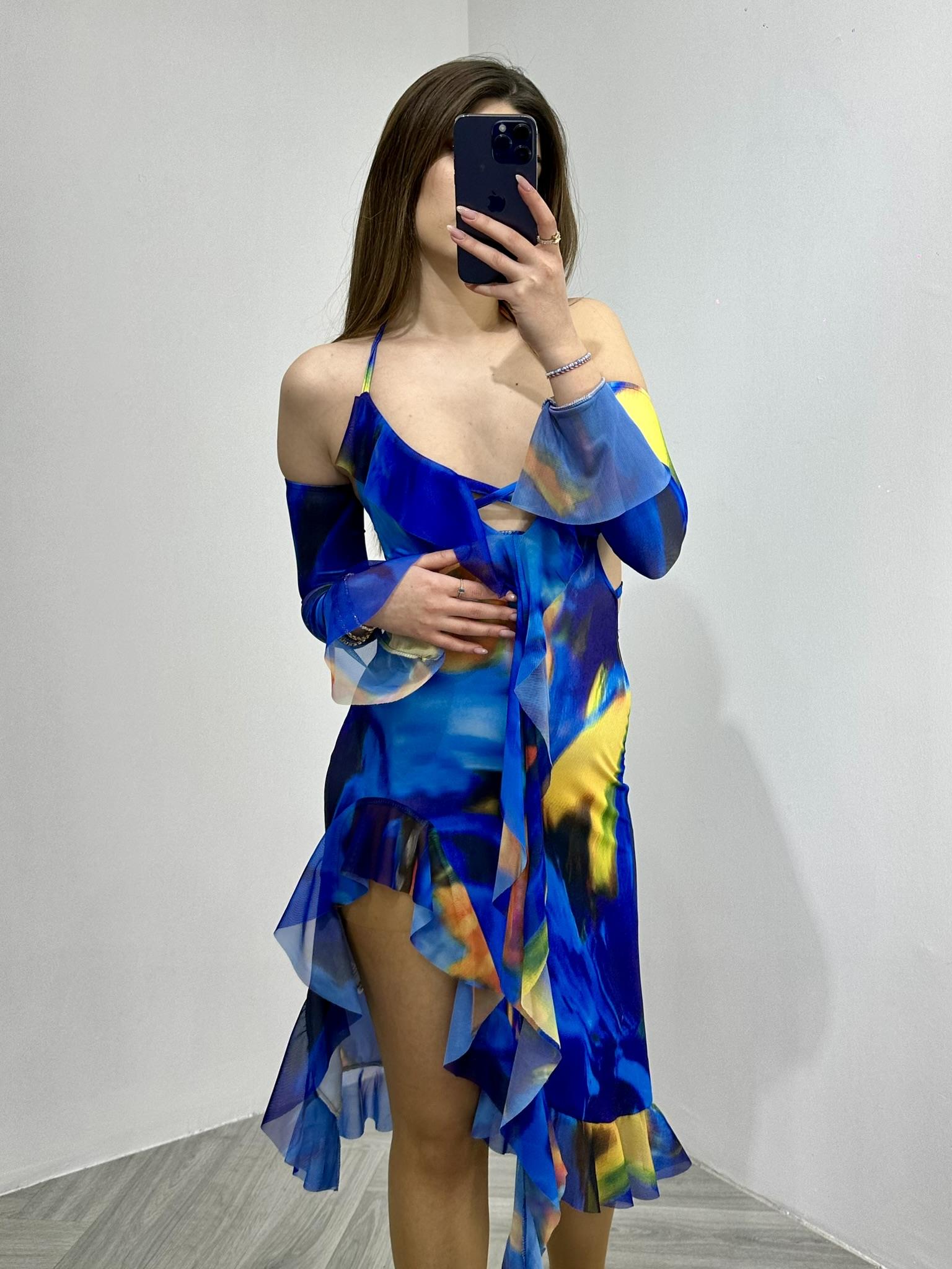 Likralı Tül Kumaş Ebruli Desen Tasarım Elbise