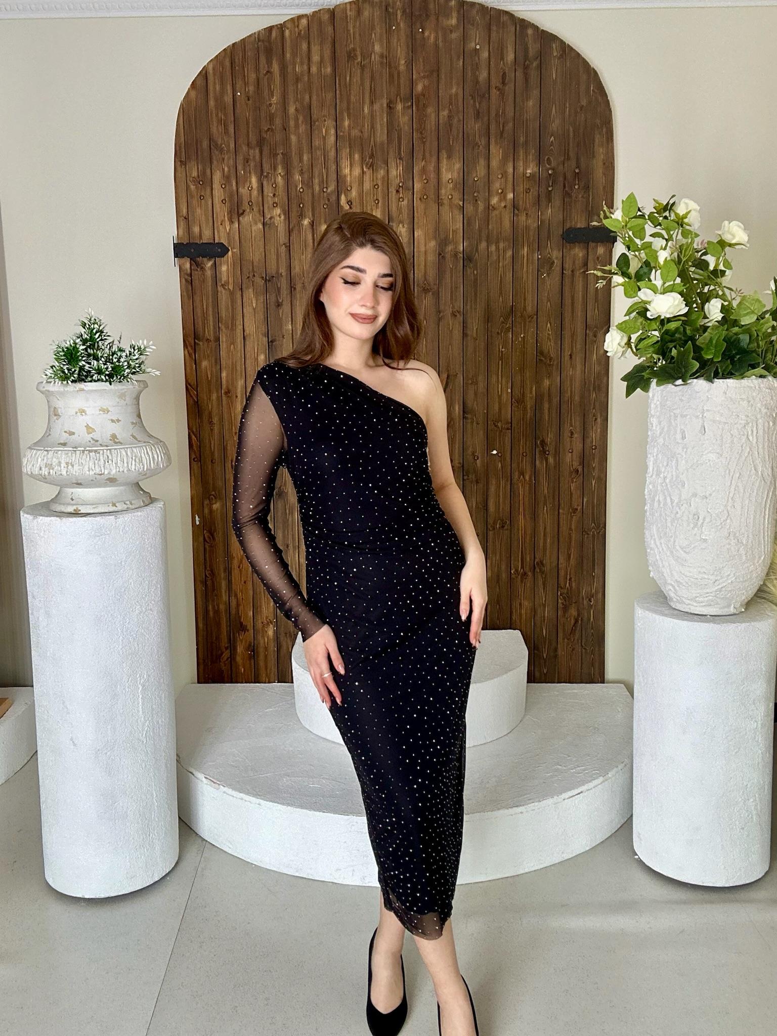 Likralı Tül Şifon Taş Detaylı Drapeli Kalem Elbise Siyah