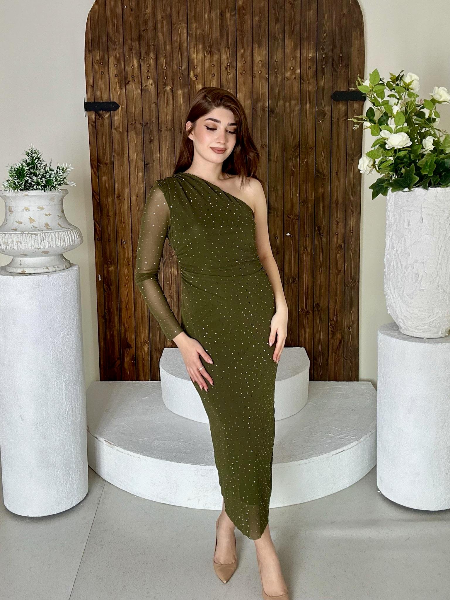 Likralı Tül Şifon Taş Detaylı Drapeli Kalem Elbise Haki