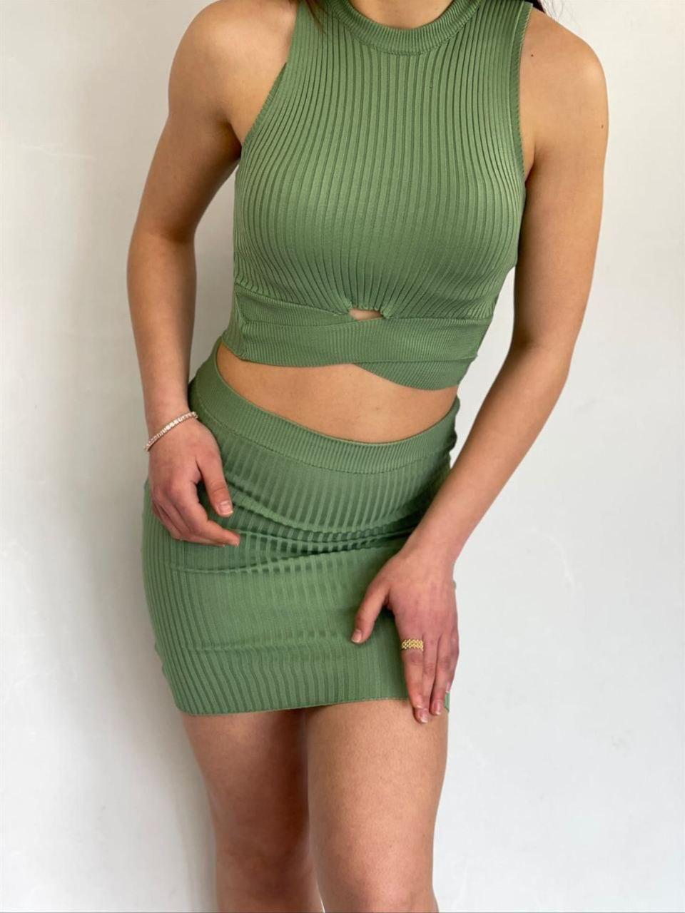 Merserize Triko Çapraz Detaylı Crop Etek İkili Takım Mint