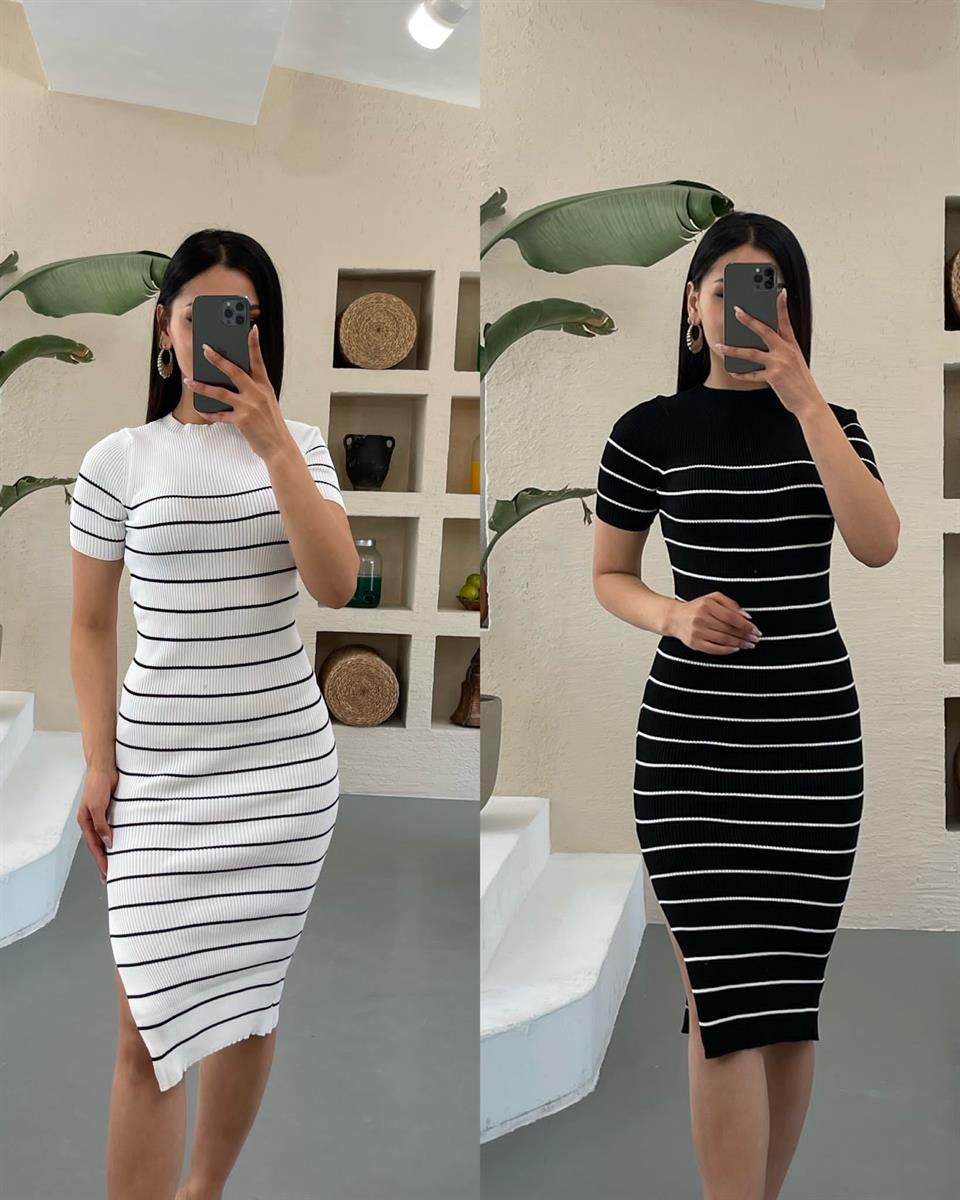 Merserize Triko Çizgi Desen Elbise