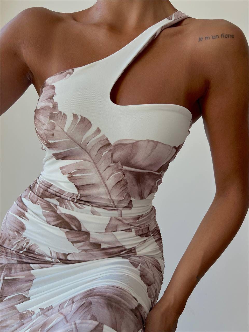 Micro Kumaş Drapeli Tek Askılı Yaprak Desen Beyaz Elbise