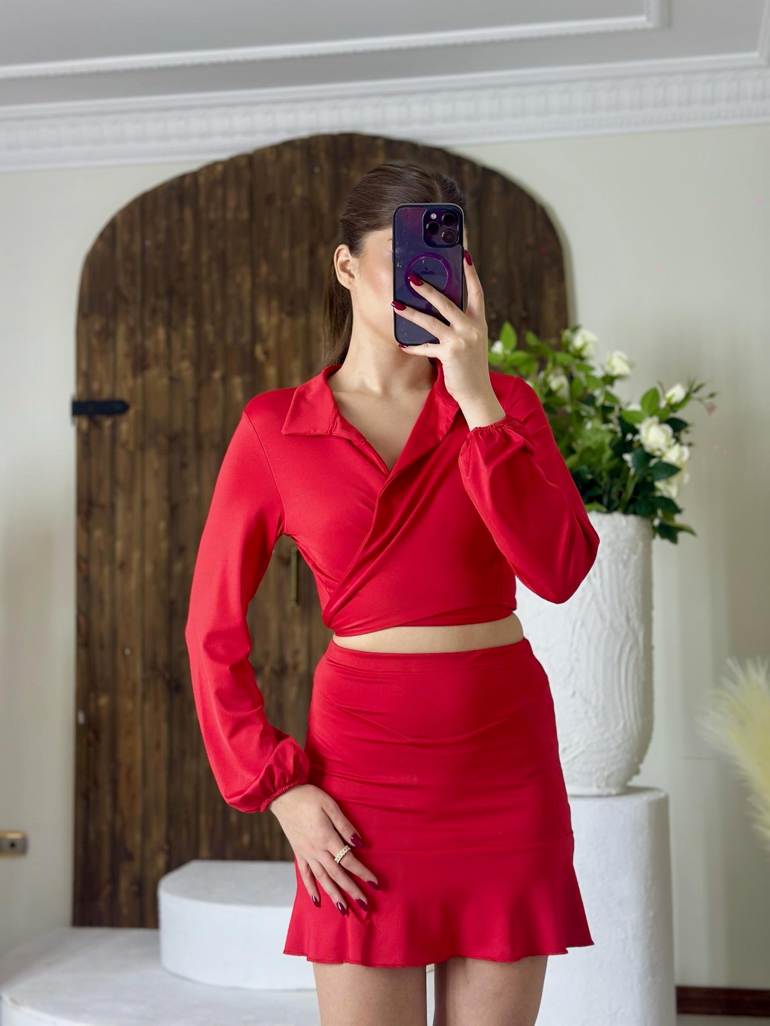 Micro Kumaş Likralı Bağlama Detay Bluz Mini Etek İkili Takım Kırmızı