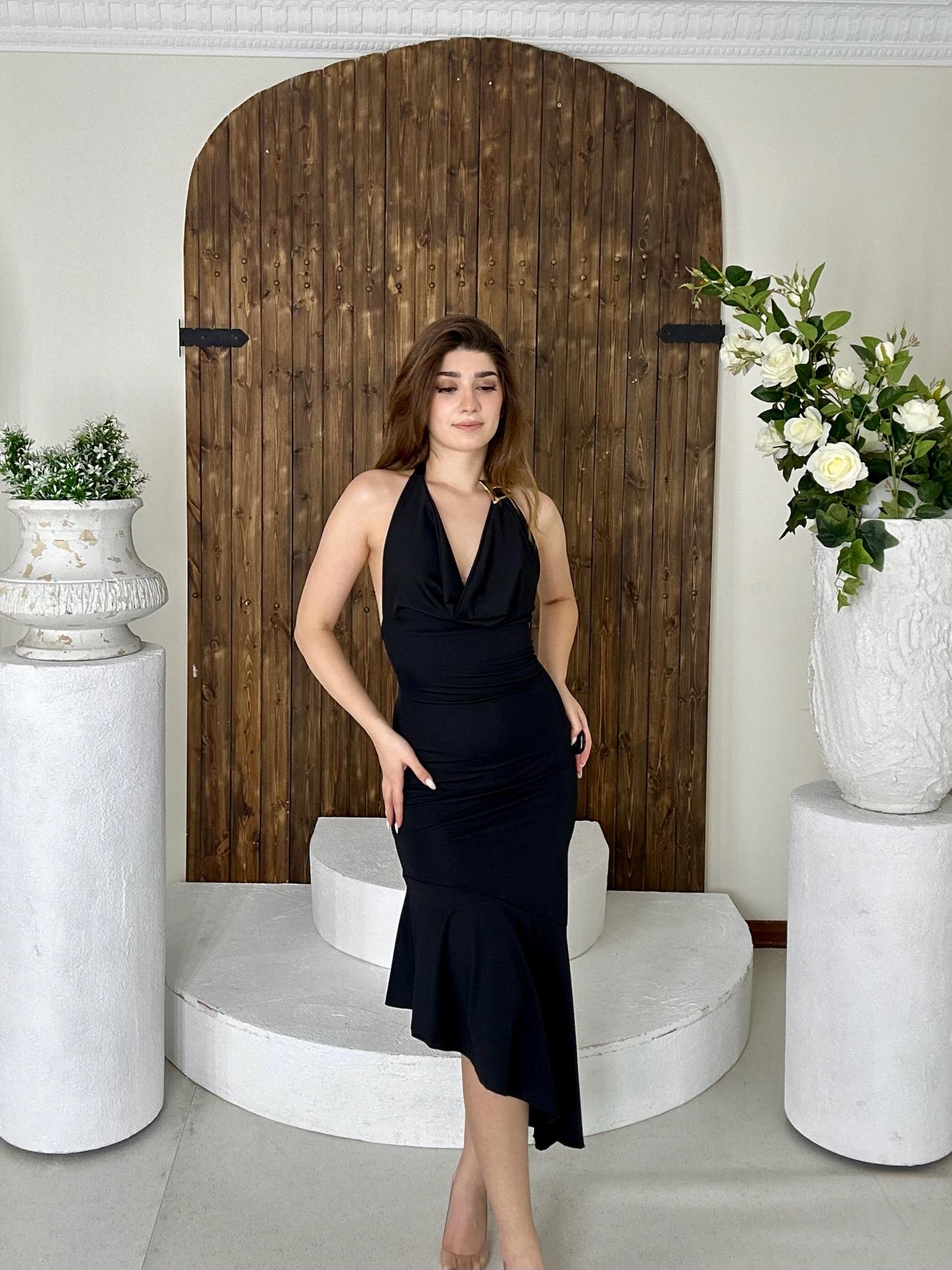 Micro Kumaş Likralı Boyundan Bağlamalı Degaje Yaka Midi Boy Asimetrik Elbise Siyah