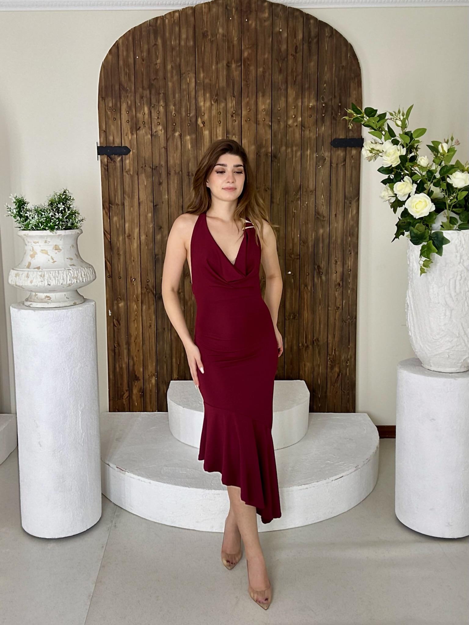 Micro Kumaş Likralı Boyundan Bağlamalı Degaje Yaka Midi Boy Asimetrik Elbise Bordo