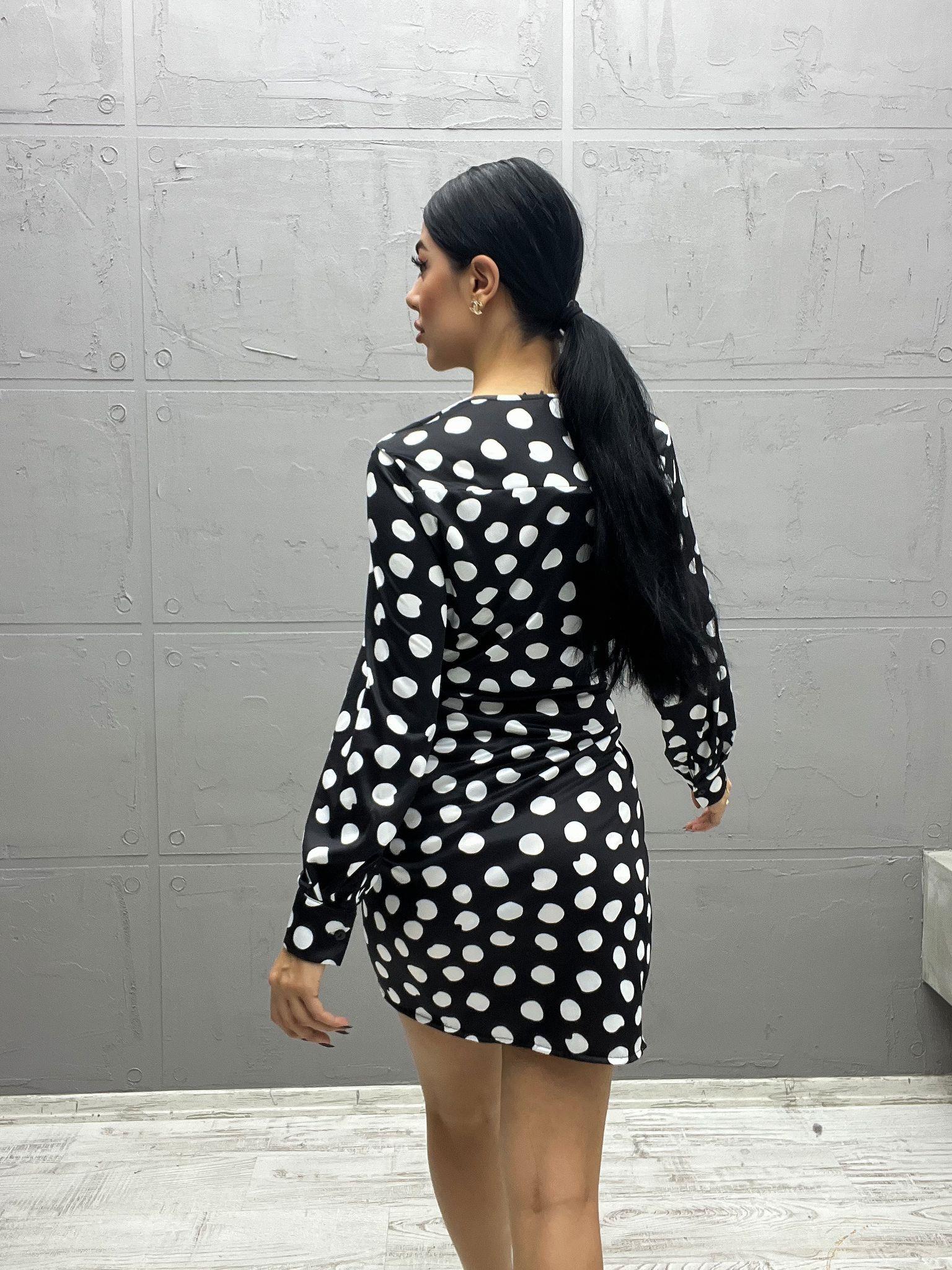 Micro Kumaş Puantiye Desen Anvalop Bağlama Detaylı Elbise