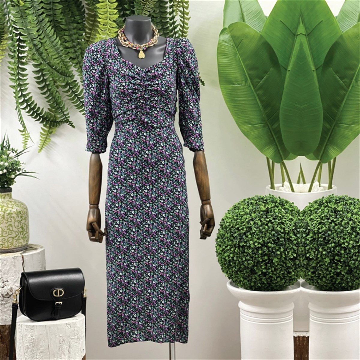 ORİJİNAL MARKA BALON KOL VİSKON ÇITIR DESEN ELBİSE