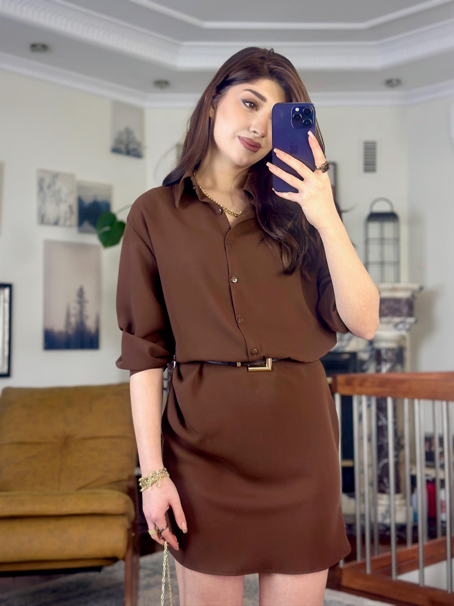 Örme Crep Kumaş Drapeli Gömlek Elbise Kahverengi