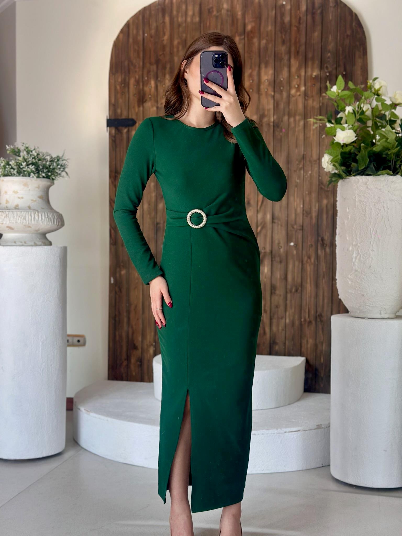 Örme Crep Kumaş Gold Aksesuar Detaylı Yeşil Midi Boy Elbise