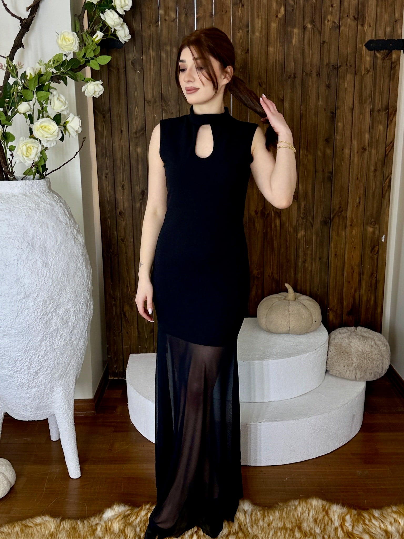 Örme Crep Şifon Detaylı Uzun Elbise 