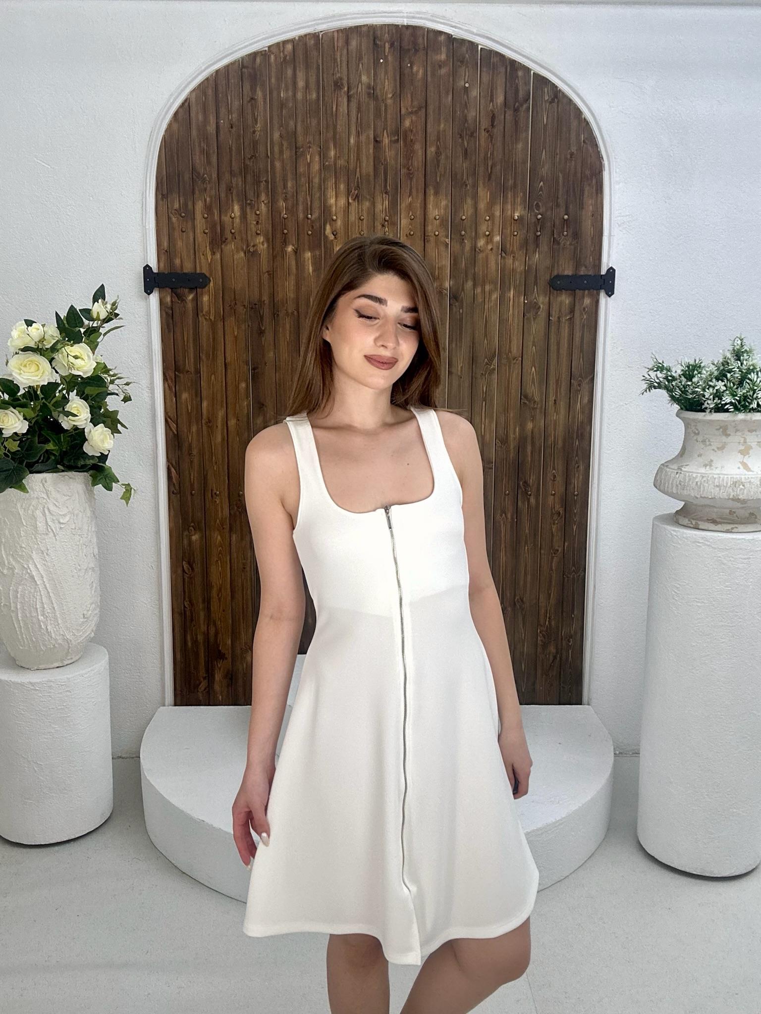 Ottoman Kumaş Fermuarlı Kalın Askılı Elbise Beyaz