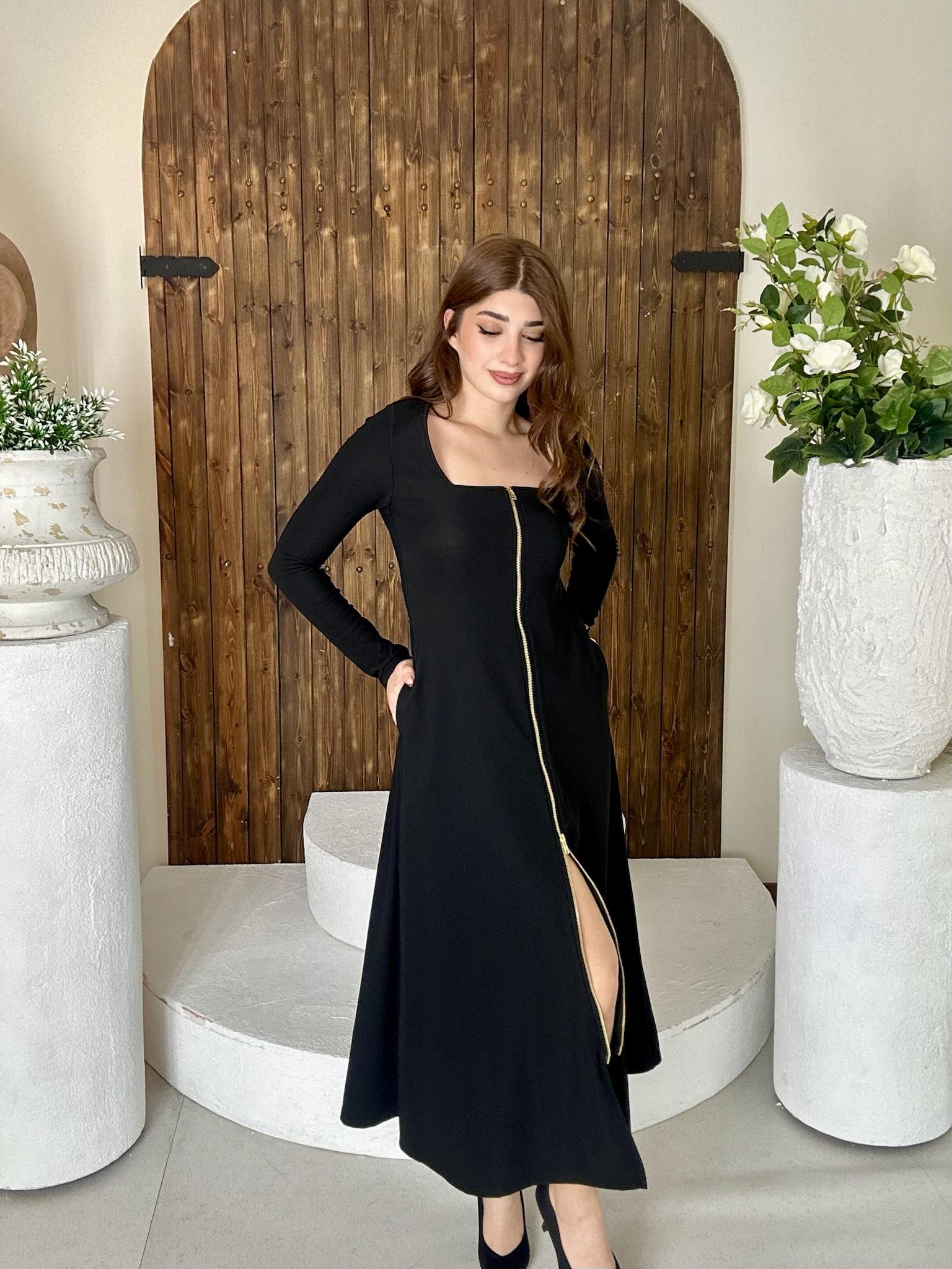 Ottoman Kumaş Fermuarlı Uzun Siyah Elbise