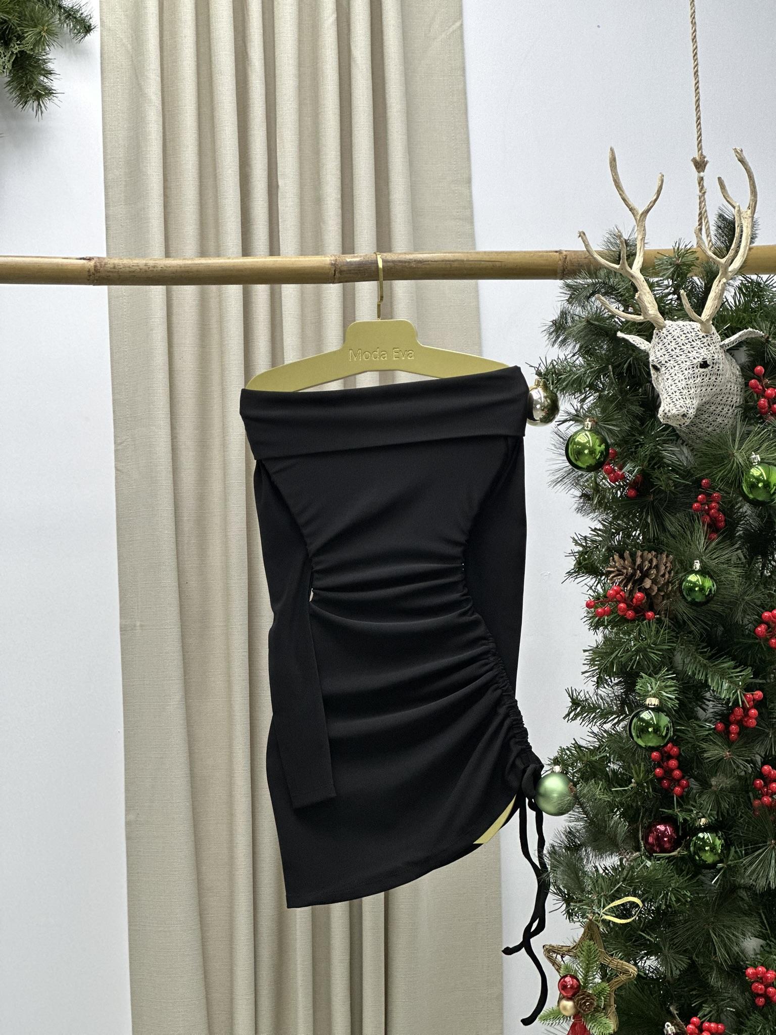 Ottoman Kumaş Madonna Yaka Asansör Büzgülü Elbise Siyah