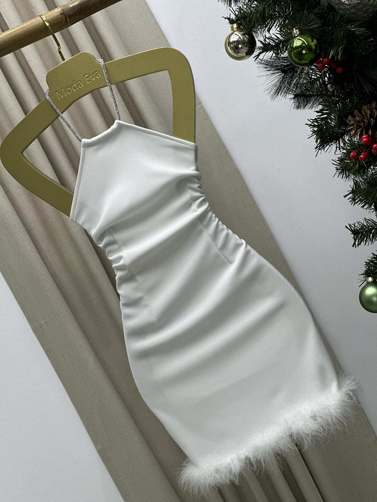 Ottoman Kumaş Otriş Detay Taş Askılı Tasarım Mini Elbise Beyaz