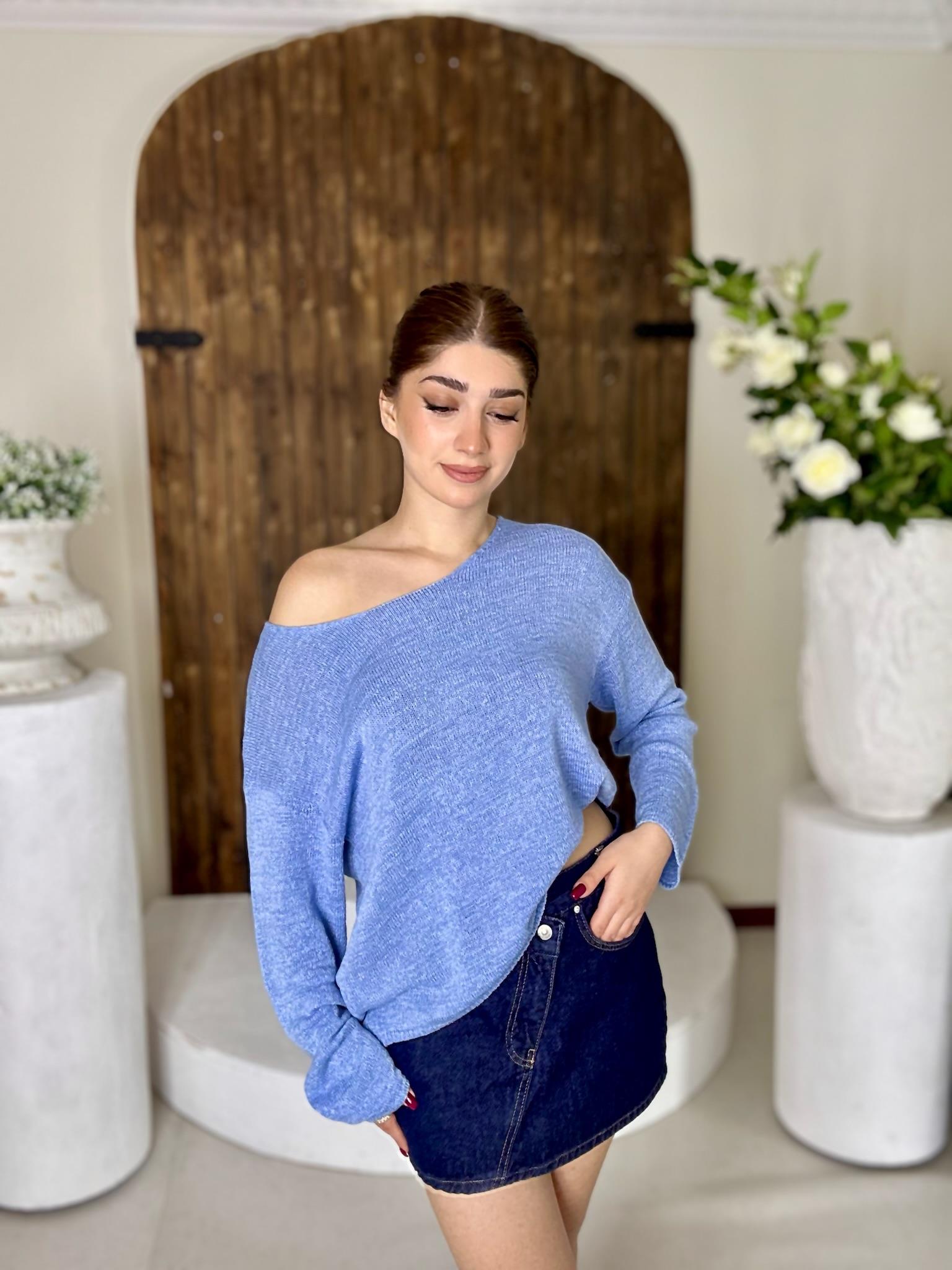 Oval Yaka Yumuşak Dokulu Merserize Triko Kazak Bebe Mavisi