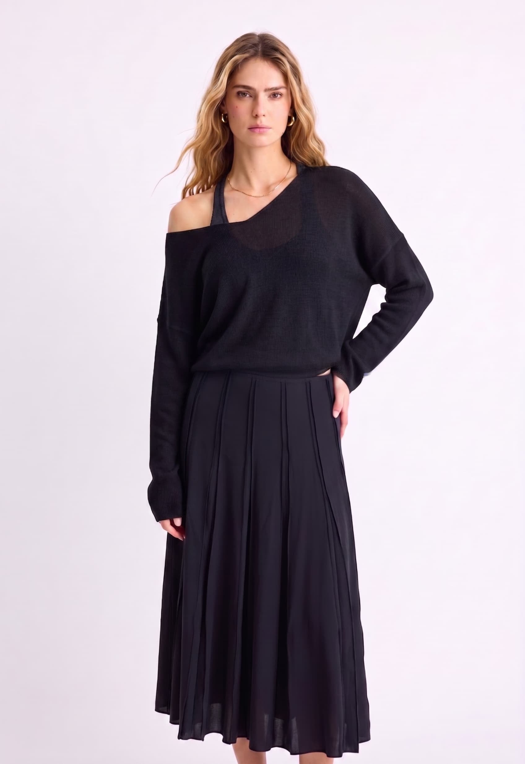 Oversize V Yaka Merserize Triko Siyah