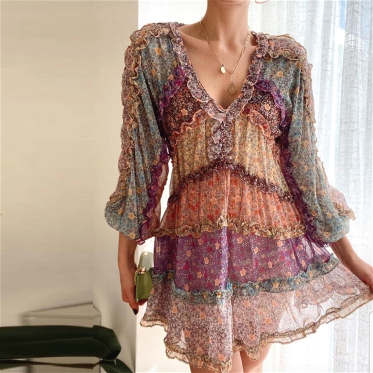 PATCHWORK DESEN ŞİFON KUMAŞ YAKA FIRFIRLI ELBİSE 
