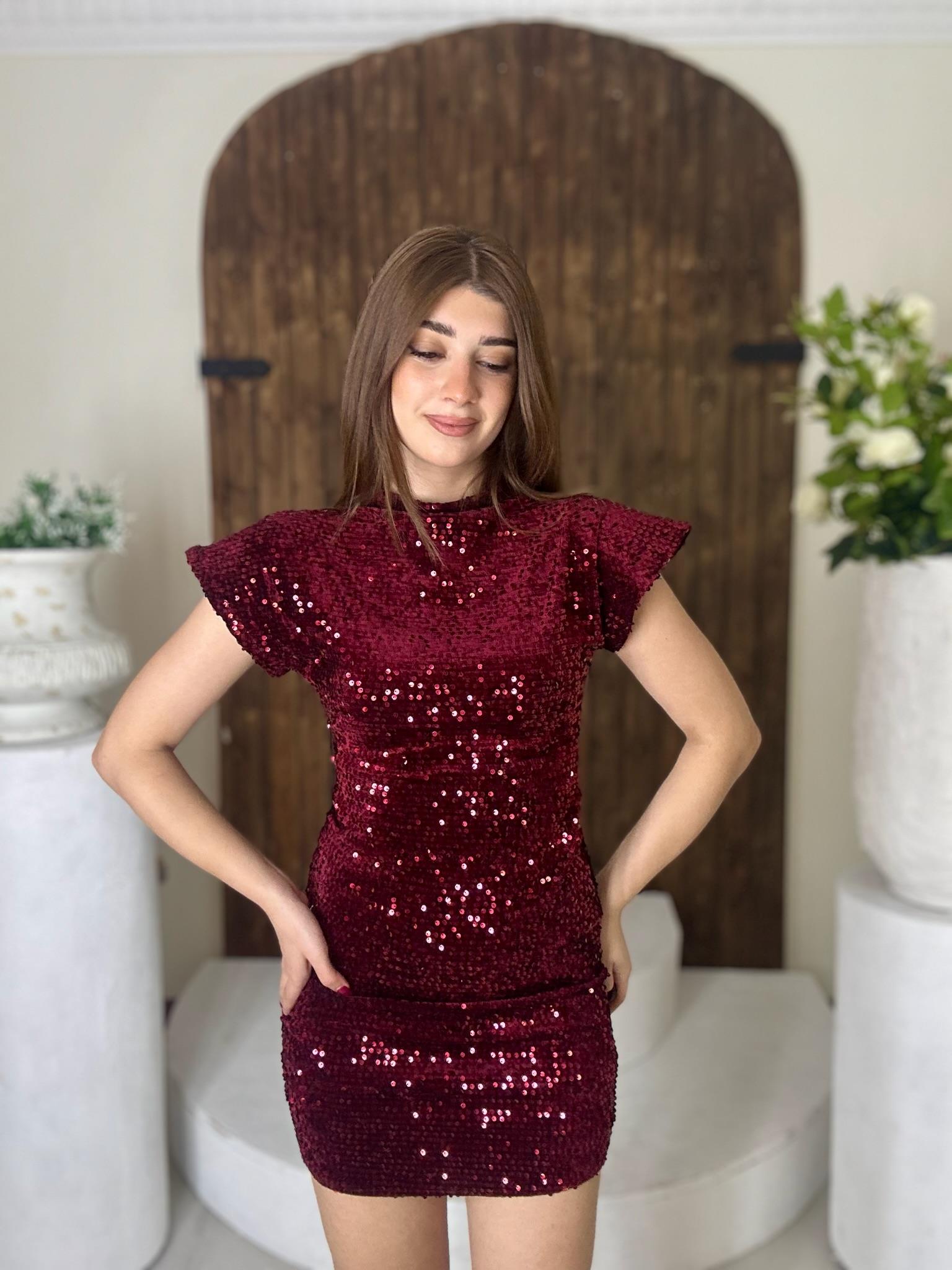 Payet Kumaş Düşük Kol Likralı Tasarım Elbise Bordo