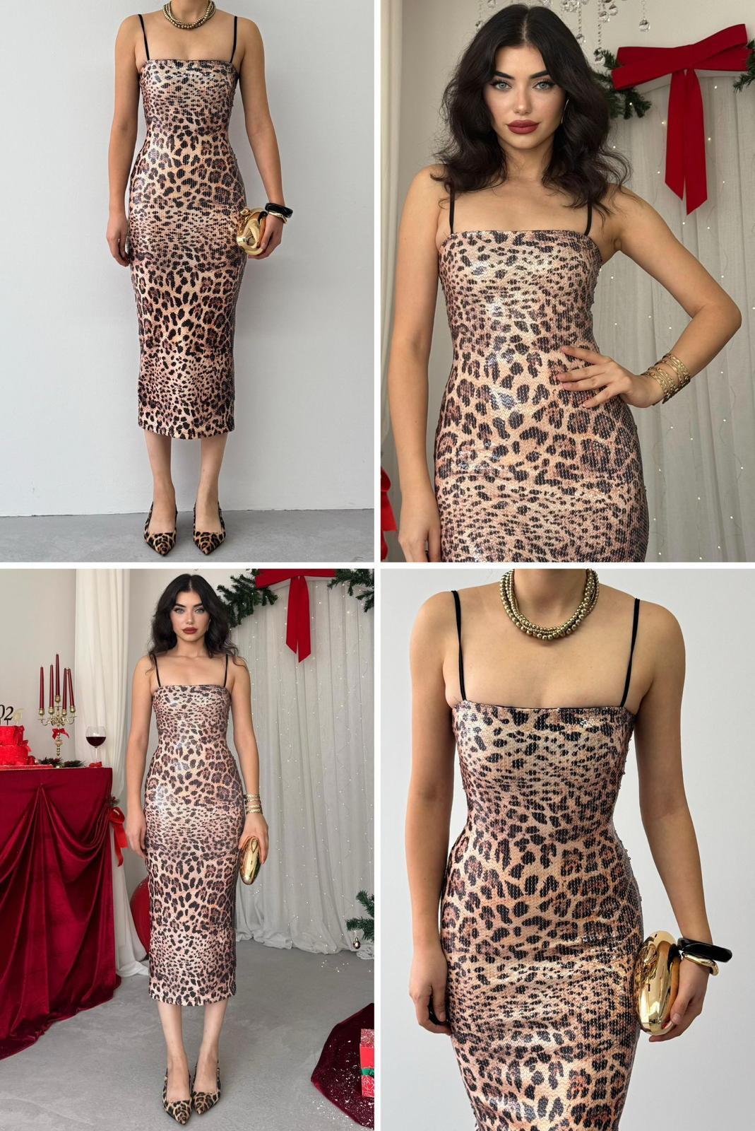 Payet Kumaş İnce Askılı Leopar Desen Kalem Elbise 