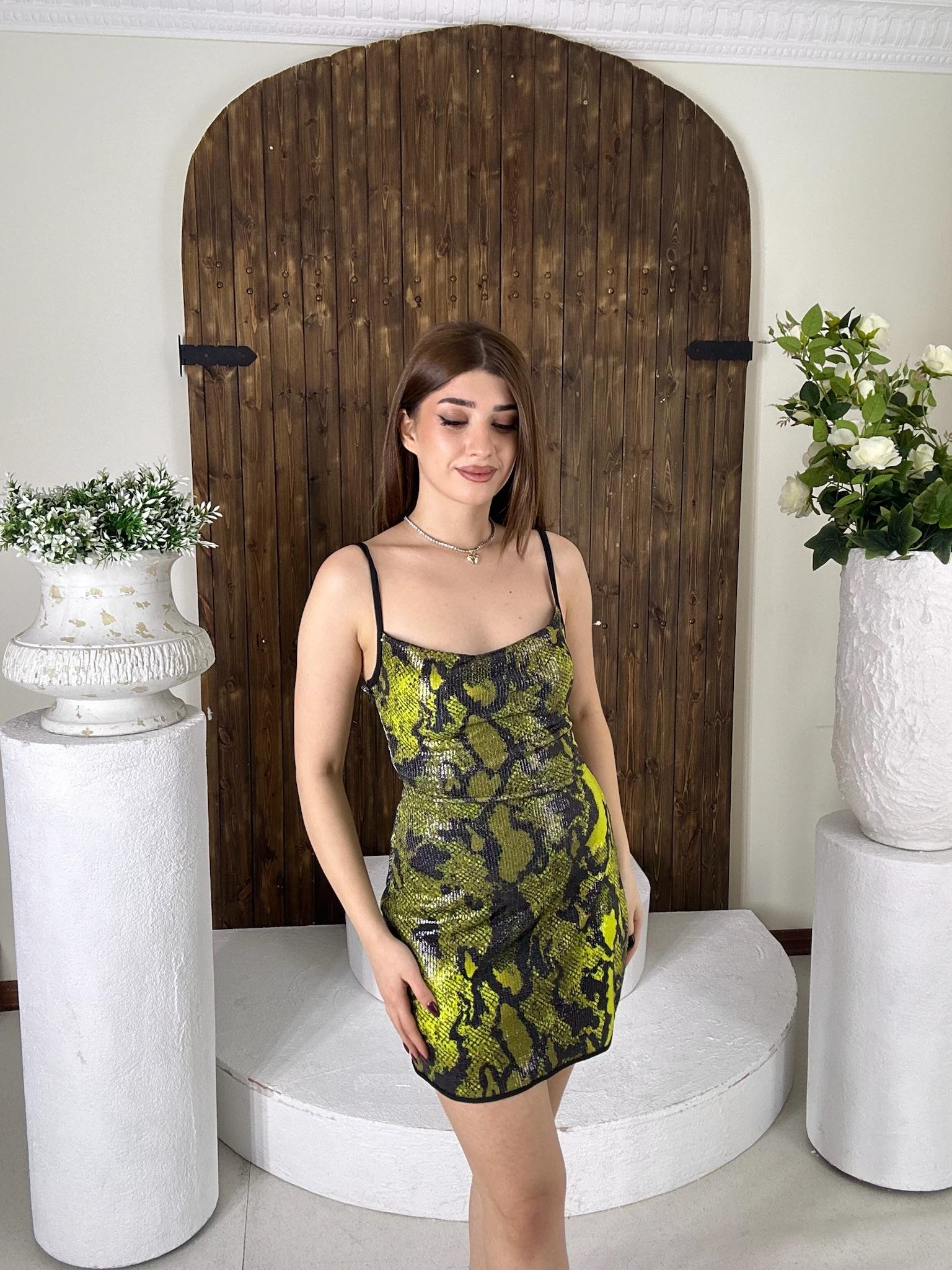 Payet Kumaş İnce Askılı Yeşil Snake Desen Mini Elbise 