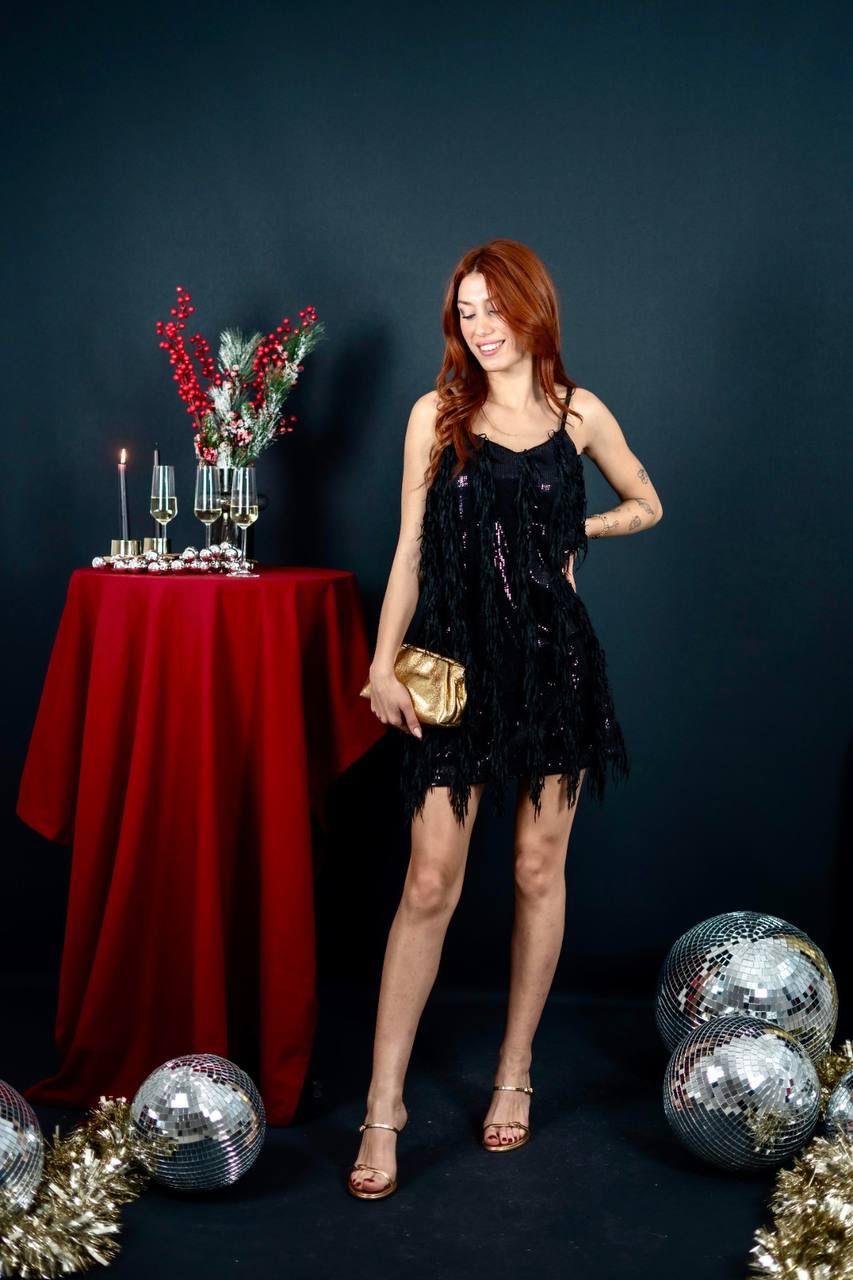 Payet Kumaş Saçak Detaylı Tasarım Mini Elbise Siyah