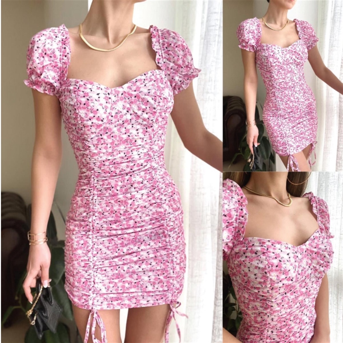 PEMBE ÇİÇEKLİ BÜZGÜLÜ ELBİSE