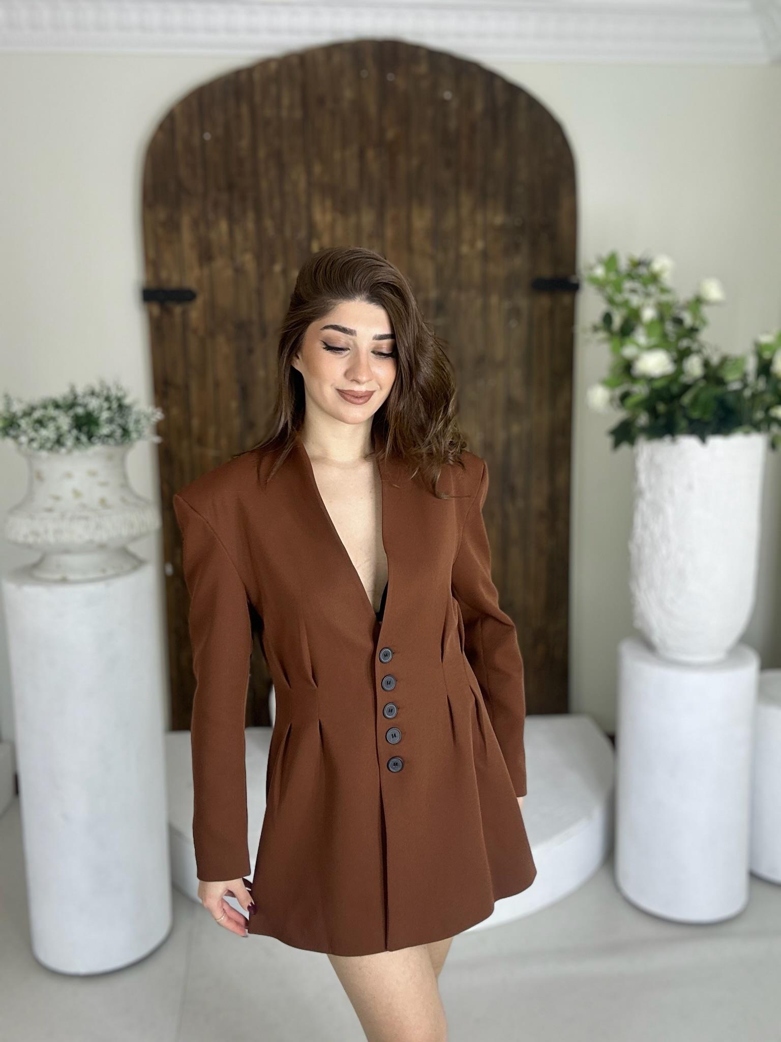 Poli Viskon Kumaş Bele Oturmalı Blazer Ceket Etek İkili Takım Kahverengi