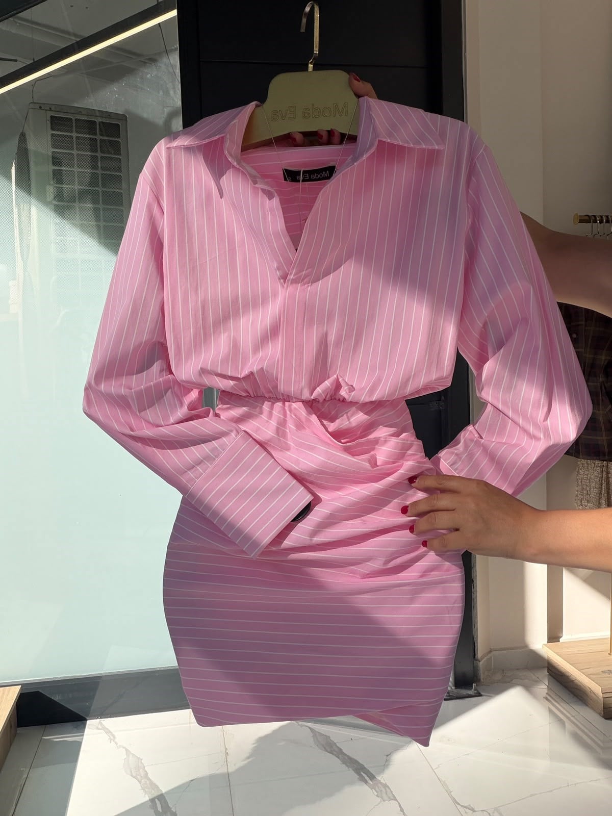 Poplin Kumaş Çizgi Desen Drapeli Gömlek Elbise Pembe