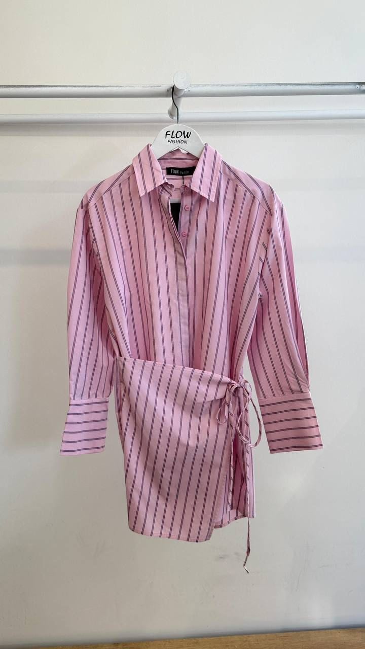 Poplin Kumaş Çizgi Desen Pembe Gömlek Elbise