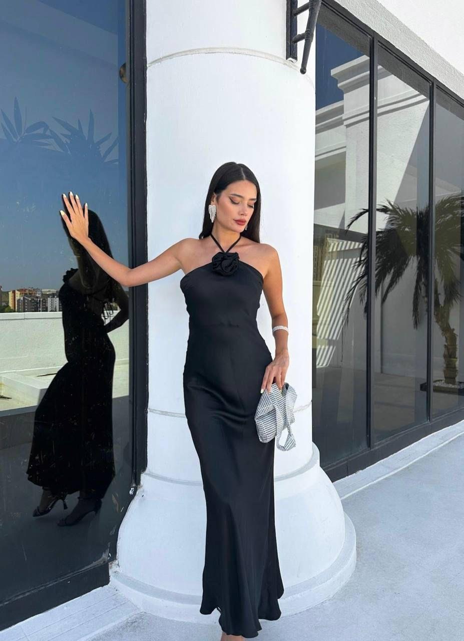 Premium Kalite Saten Kumaş Sırt Detay Elbise Siyah