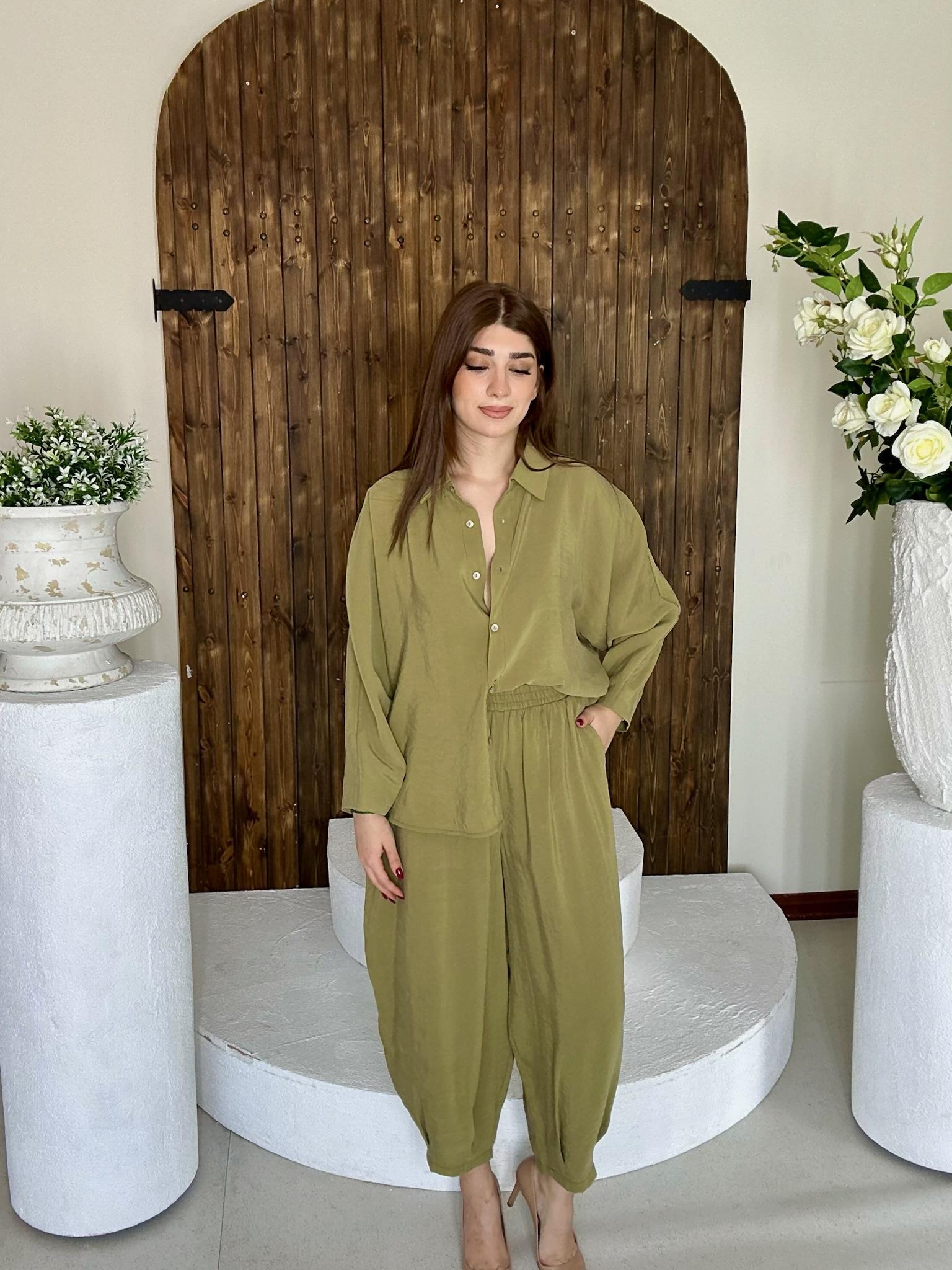 Premium Seri Trikoton Kumaş Beli Lastikli Rahat Pantolon Gömlek İkili Takım Yağ Yeşili