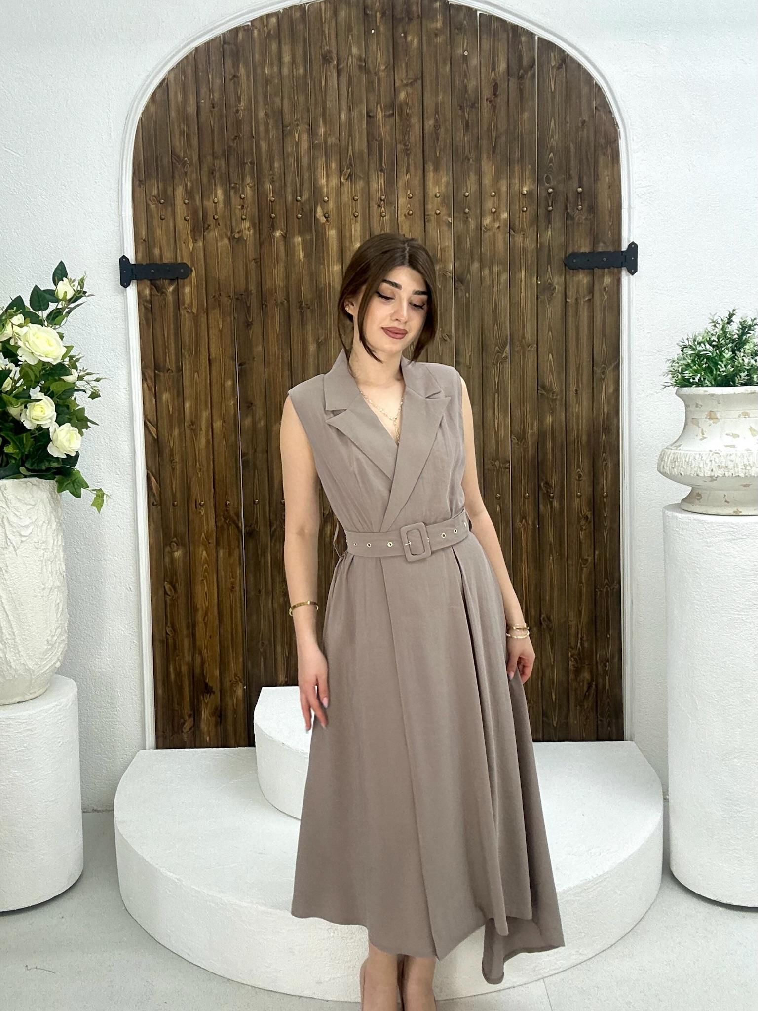 Premium Seri Trikoton Kumaş Kemerli Midi Boy Gömlek Elbise Vizon 