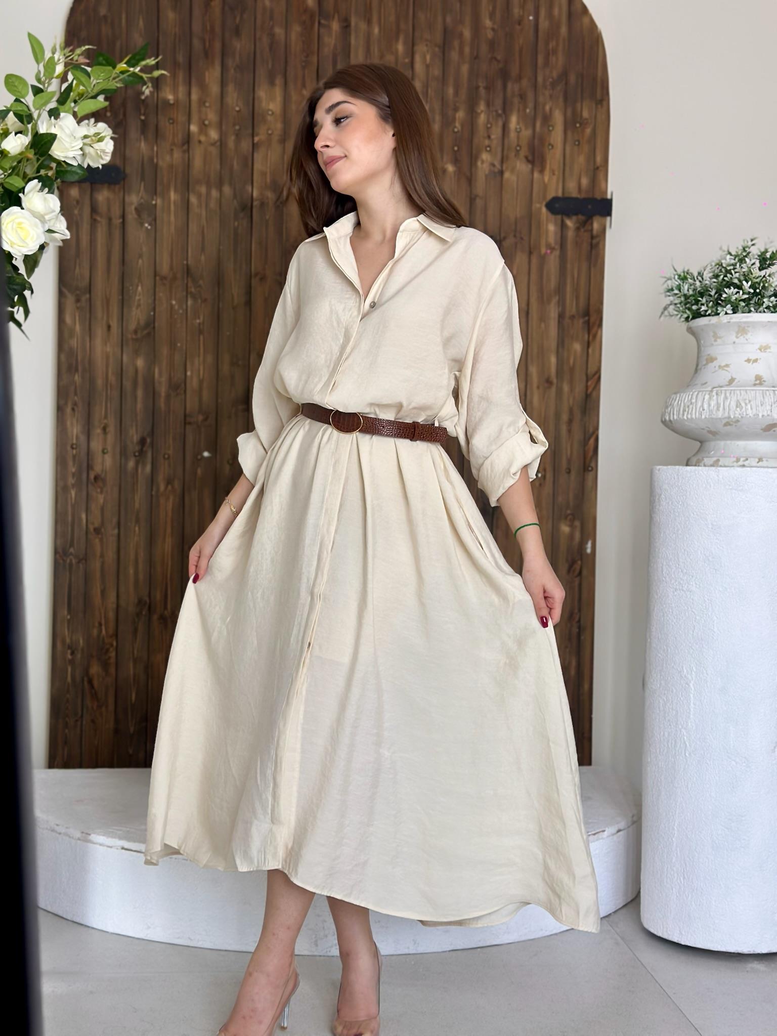 Premium Series Trikoton Kumaş Kemerli Uzun Gömlek Elbise Krem