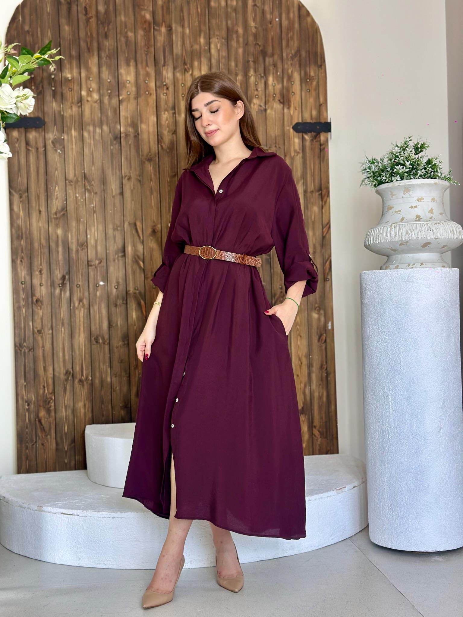 Premium Series Trikoton Kumaş Kemerli Uzun Gömlek Elbise Mürdüm