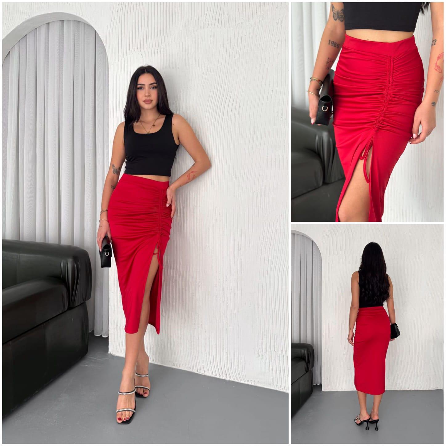 Sandy Kumaş Asansör Ayarlı Midi Boy Etek